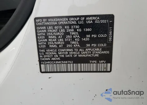 2021 Volkswagen Atlas Se z USA, uszkodzony, nr VIN 1V2HR2CA8MC568752
